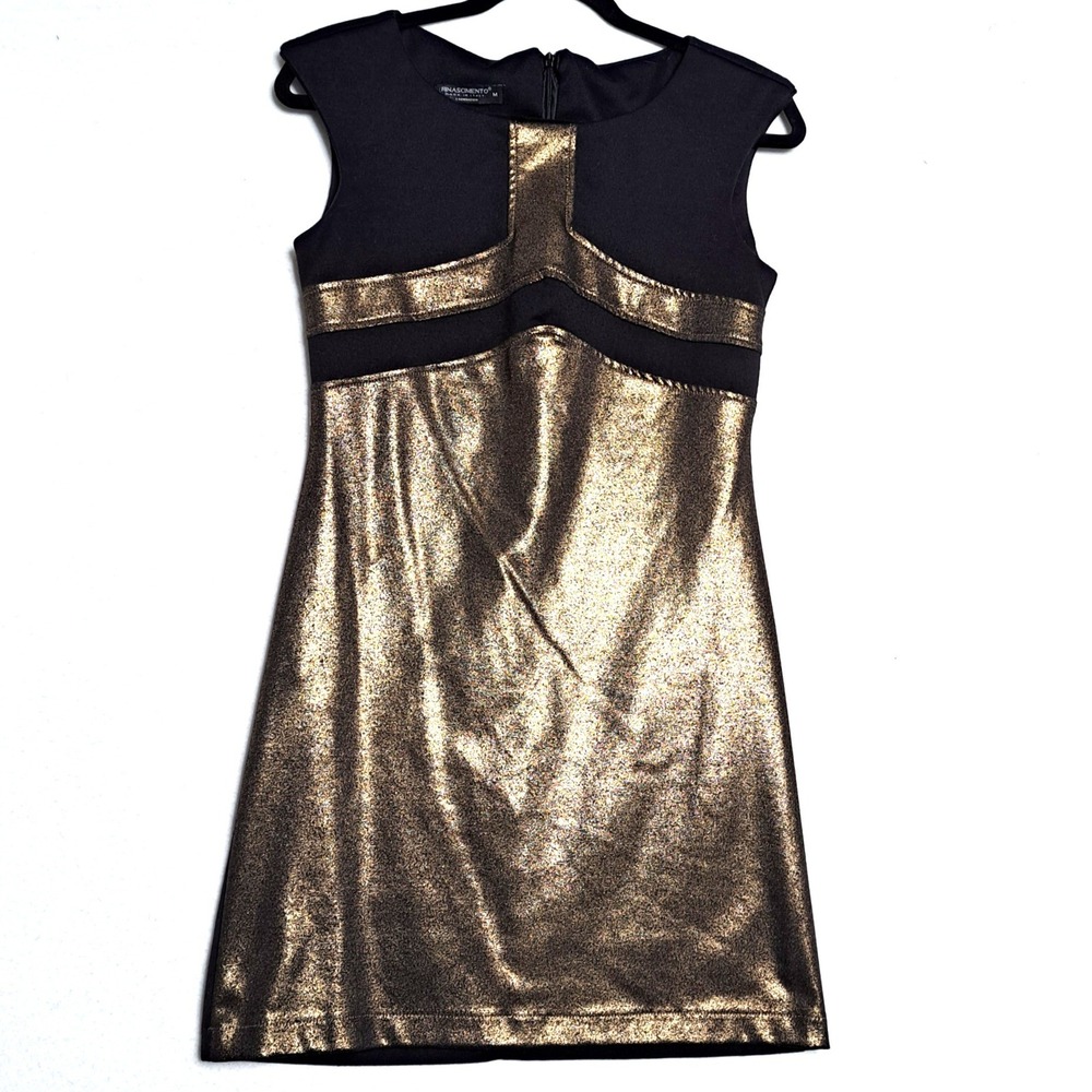 Rinascimento Womens M Black Gold Metallic Colorblock Mini Dress Made Italy